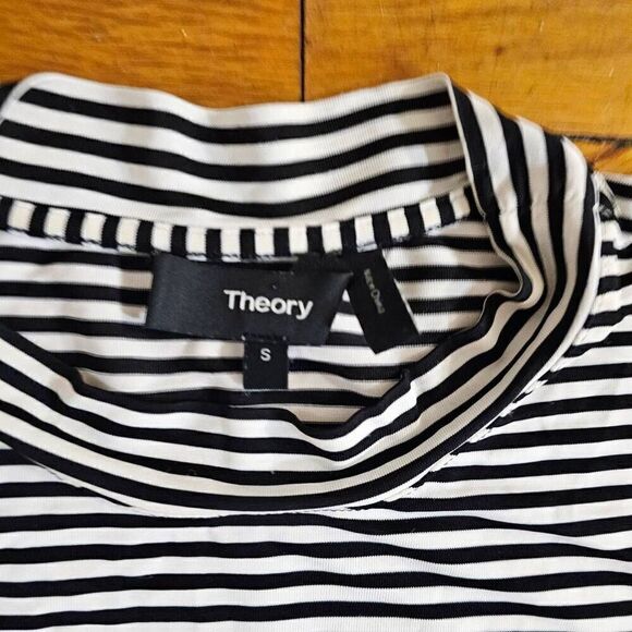 THEORY Women's Black and White Stripe Short Sleeve Top collar size S - Picture 5 of 6